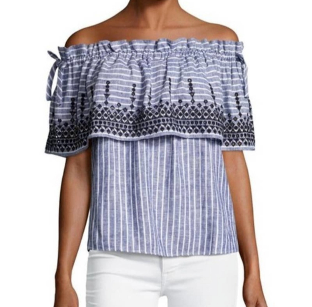 Parker Top Womens XS Blue White Stripe Embroidered Eyelet Lace Off the Shoulder